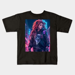 Lion woman portrait cyber art Kids T-Shirt